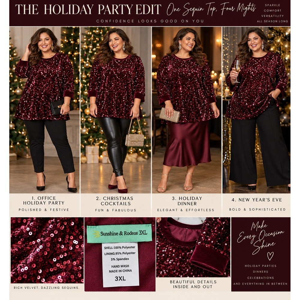 Sunshine & Rodeos Burgundy Velvet Sequin Tunic Top Holiday Party Plus Size 3XL